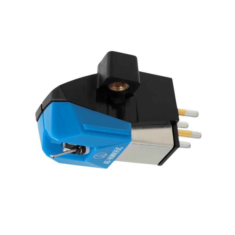 Audio-Technica AT-VM95C moving magnet phono cartridge with blue conical stylus assembly and gold output pins. Elite Radio Sri Lanka.