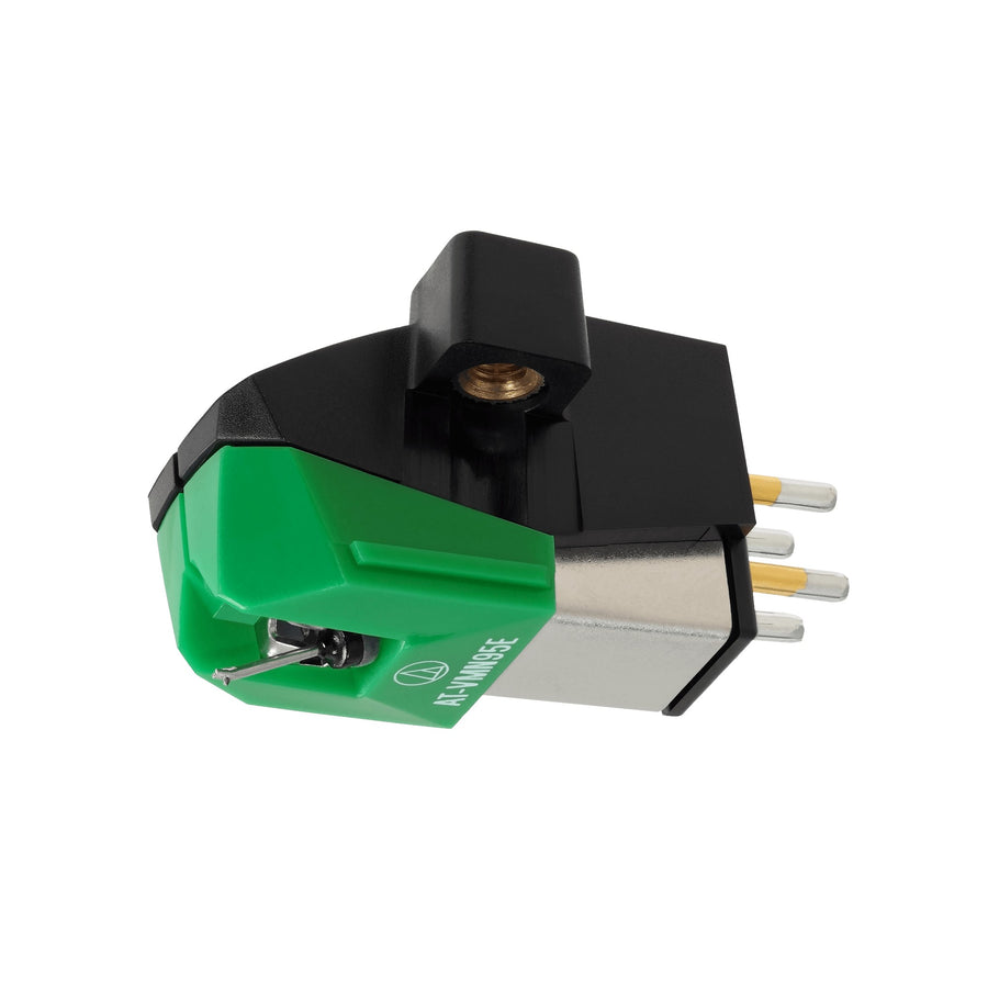 Audio-Technica AT-VM95E moving magnet phono cartridge with green elliptical stylus assembly and gold output pins. Elite Radio Sri Lanka.