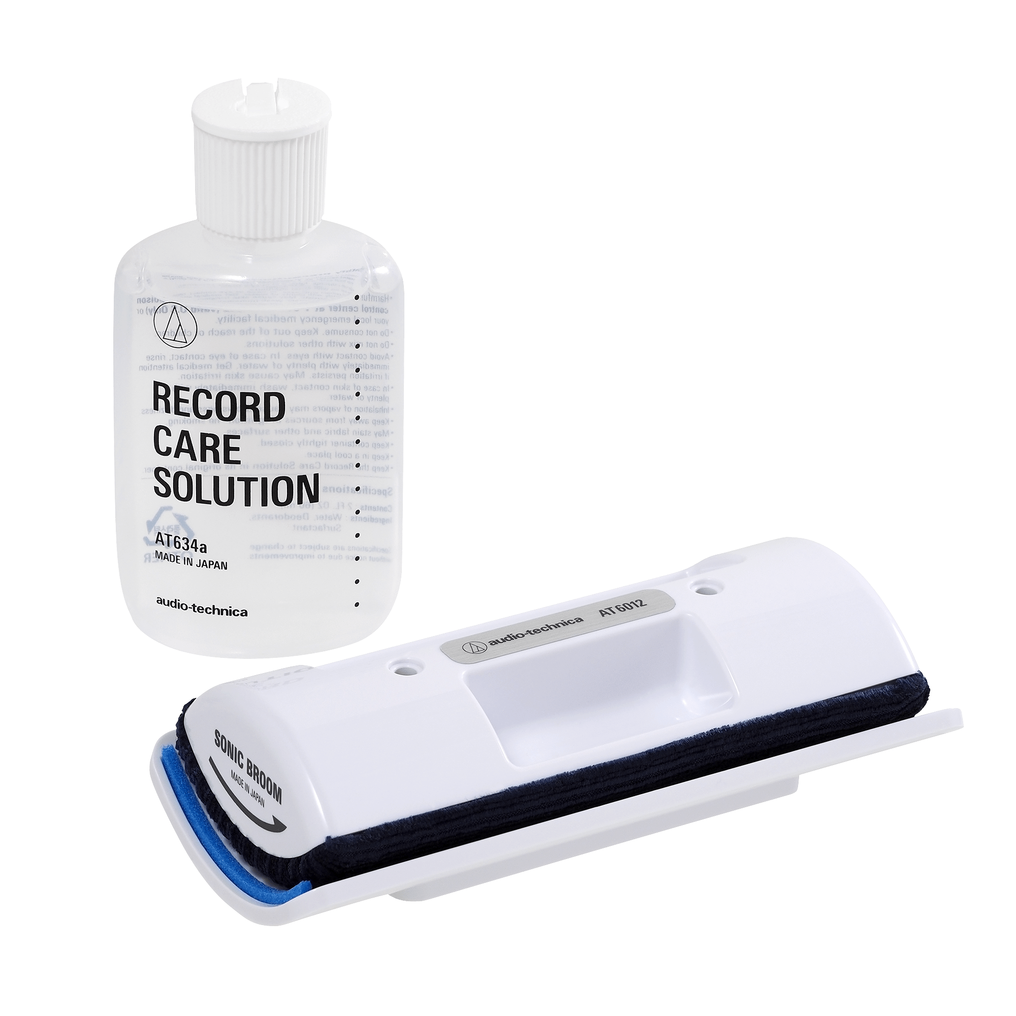 Audio-Technica AT6012 record cleaning set, a bottle of record care solution shown with the velvet cleaning pad. Elite Radio Sri Lanka.
