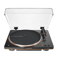 Elite Radio Audio-Technica AT-LP70XBT Bluetooth turntable in bronze, black, and white with a clear dust cover.
