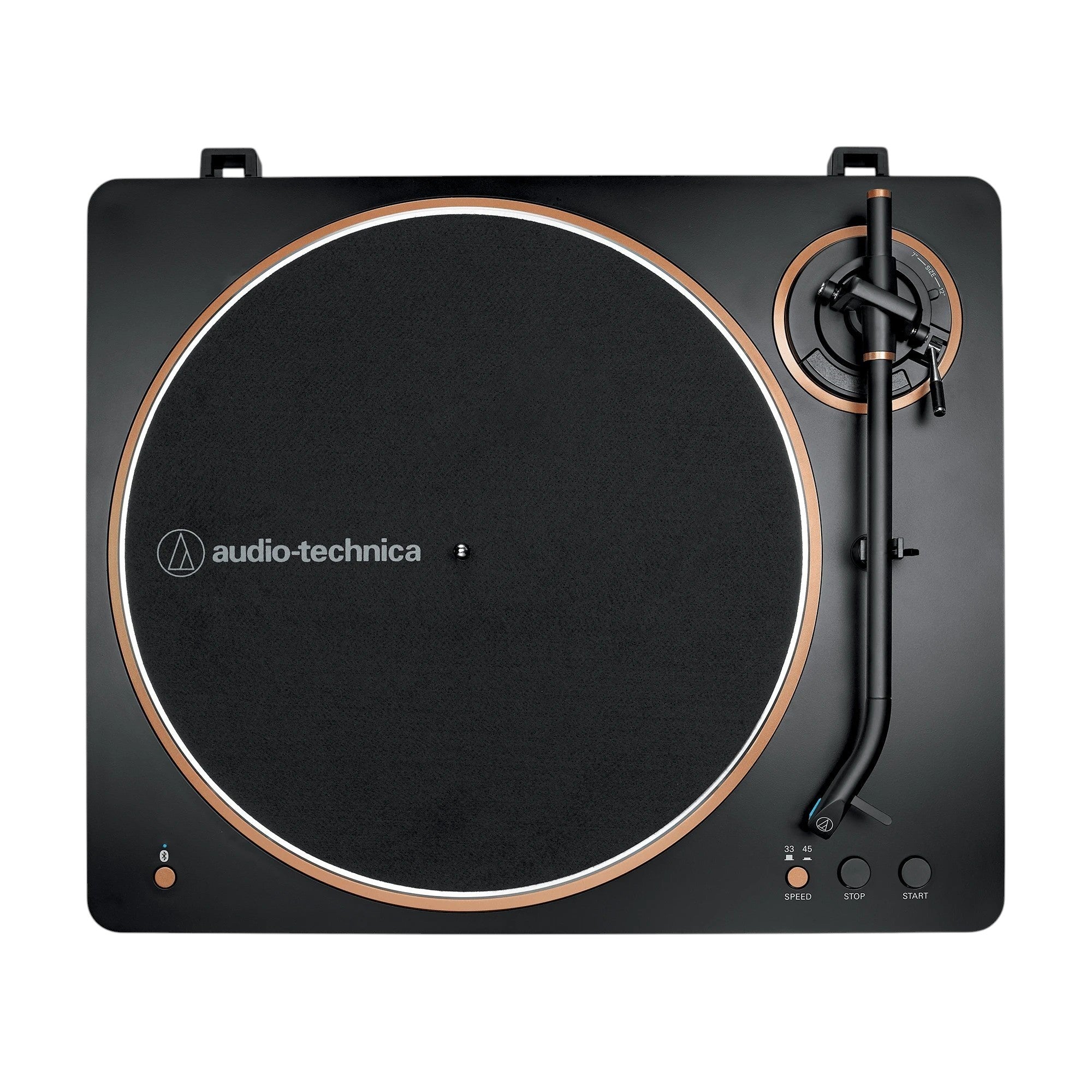 Elite Radio Audio-Technica AT-LP70XBT Bluetooth turntable in bronze, black, and white with automatic belt-drive and J-shaped tonearm.