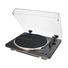 Elite Radio Audio-Technica AT-LP70XBT bronze, black, and white automatic belt-drive Bluetooth turntable with J-shaped tonearm.