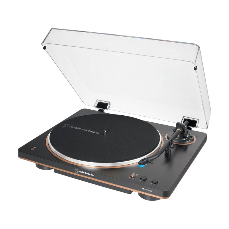 Elite Radio Audio-Technica AT-LP70XBT bronze, black, and white automatic belt-drive Bluetooth turntable with J-shaped tonearm.