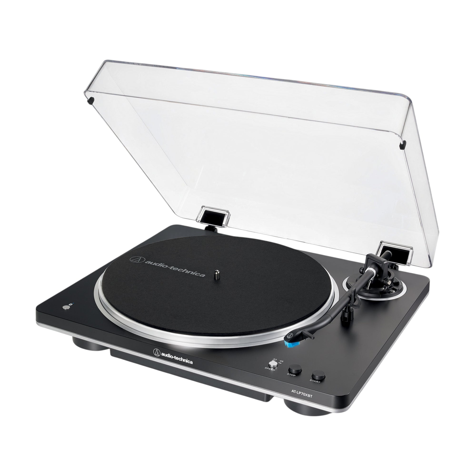 Elite Radio Audio-Technica AT-LP70XBT Bluetooth turntable in bronze, black, and white with a clear dust cover.