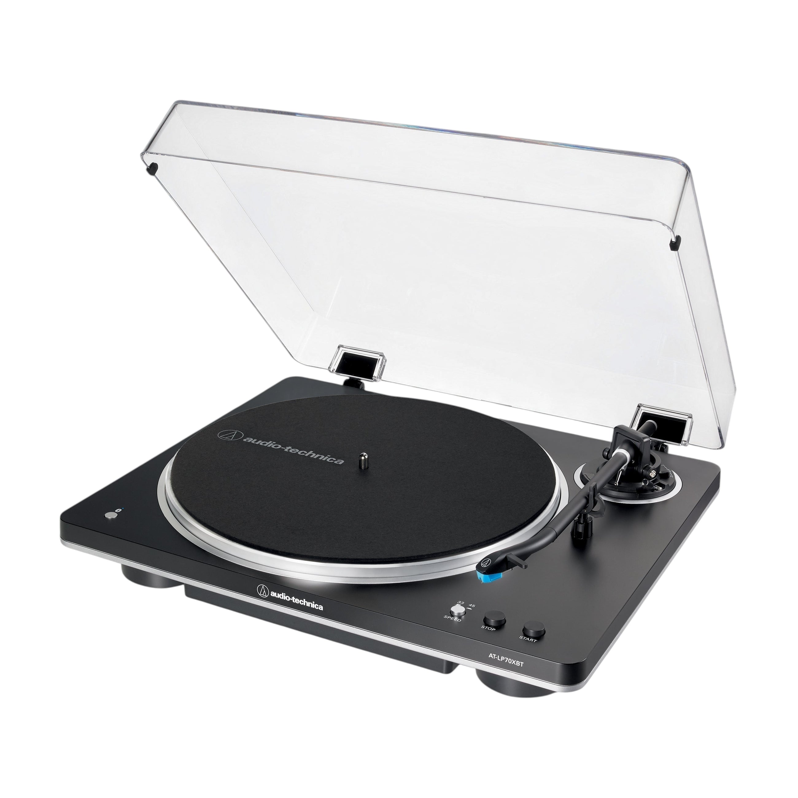 Elite Radio Audio-Technica AT-LP70XBT Bluetooth turntable in bronze, black, and white with a clear dust cover.