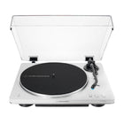Elite Radio Audio-Technica AT-LP70XBT white automatic belt-drive turntable with Bluetooth and J-shaped tonearm.