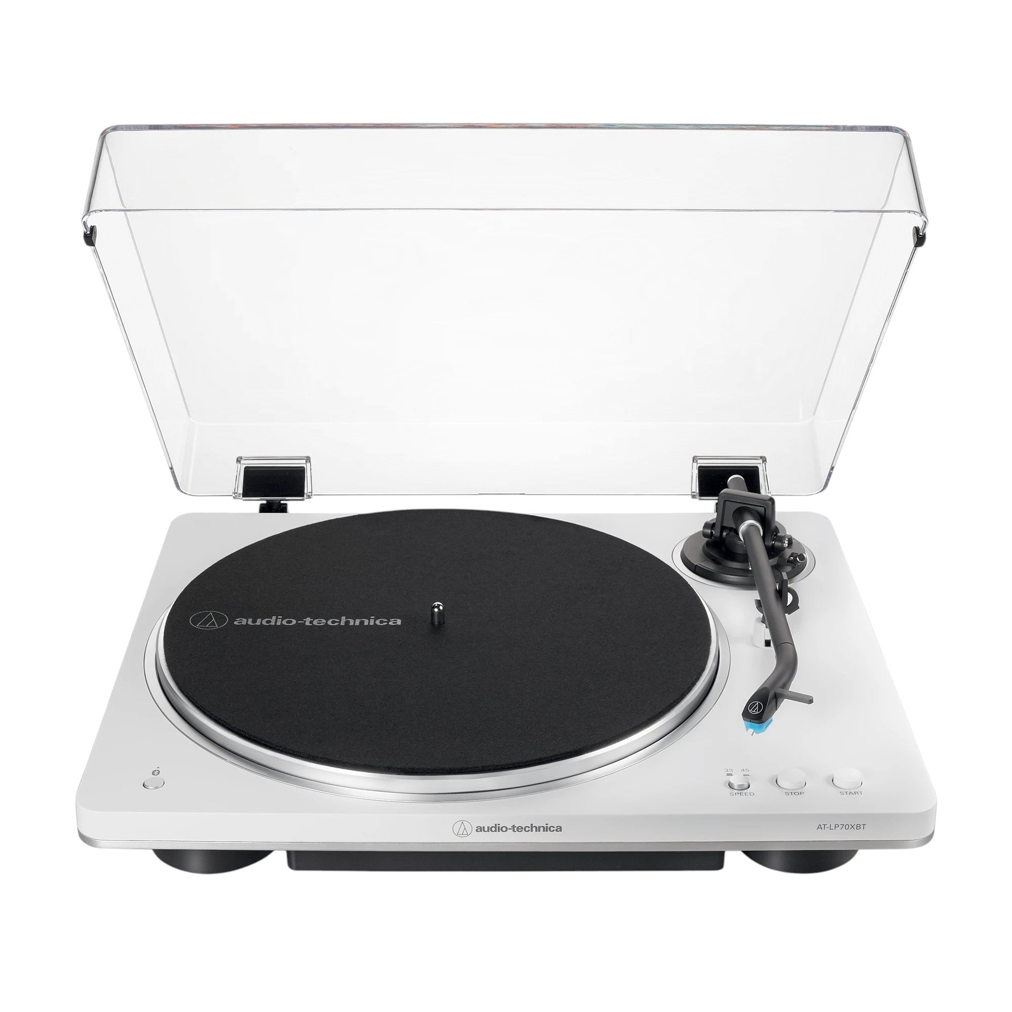 Elite Radio Audio-Technica AT-LP70XBT white automatic belt-drive turntable with Bluetooth and J-shaped tonearm.