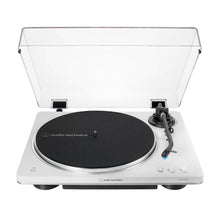Elite Radio Audio-Technica AT-LP70XBT white automatic belt-drive turntable with Bluetooth and J-shaped tonearm.