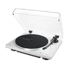 Elite Radio Audio-Technica AT-LP70XBT white automatic belt-drive Bluetooth turntable with black mat and clear dust cover.