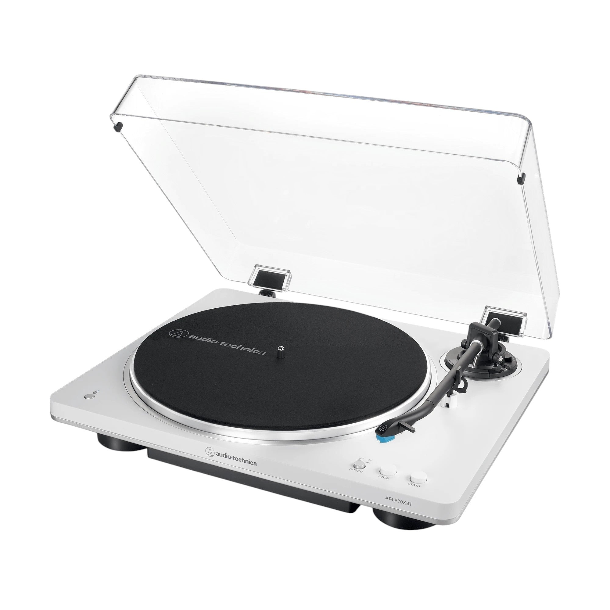 Elite Radio Audio-Technica AT-LP70XBT white automatic belt-drive Bluetooth turntable with black mat and clear dust cover.