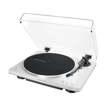 Elite Radio Audio-Technica AT-LP70XBT white automatic belt-drive Bluetooth turntable with black mat and clear dust cover.