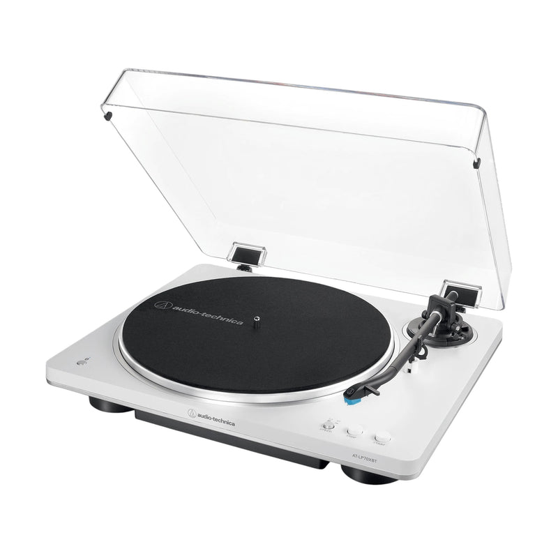 Elite Radio Audio-Technica AT-LP70XBT white automatic belt-drive Bluetooth turntable with black mat and clear dust cover.