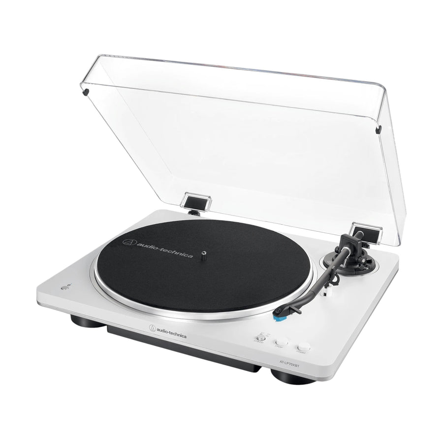 Elite Radio Audio-Technica AT-LP70XBT white automatic belt-drive Bluetooth turntable with black mat and clear dust cover.