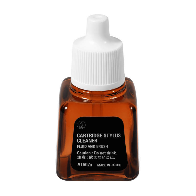 Elite Radio Audio-Technica AT607A-EX liquid stylus cleaner in a compact amber bottle with an integrated applicator brush
