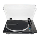 Elite Radio Audio-Technica AT-LP70XBT Bluetooth turntable in bronze, black, and white with automatic belt-drive, J-shaped tonearm, and clear dust cover.