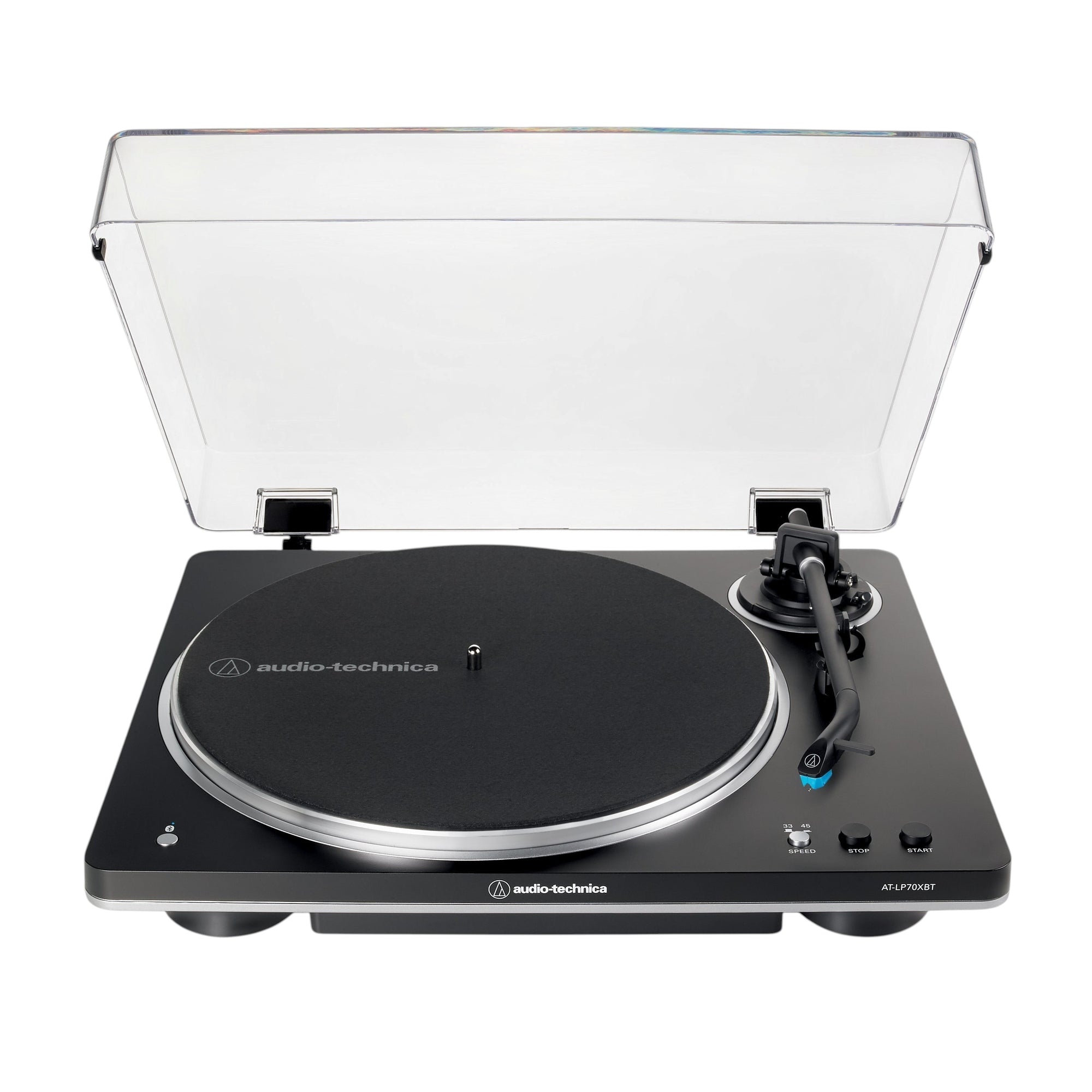 Elite Radio Audio-Technica AT-LP70XBT Bluetooth turntable in bronze, black, and white with automatic belt-drive, J-shaped tonearm, and clear dust cover.
