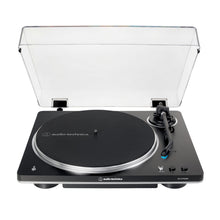 Elite Radio Audio-Technica AT-LP70XBT Bluetooth turntable in bronze, black, and white with automatic belt-drive, J-shaped tonearm, and clear dust cover.