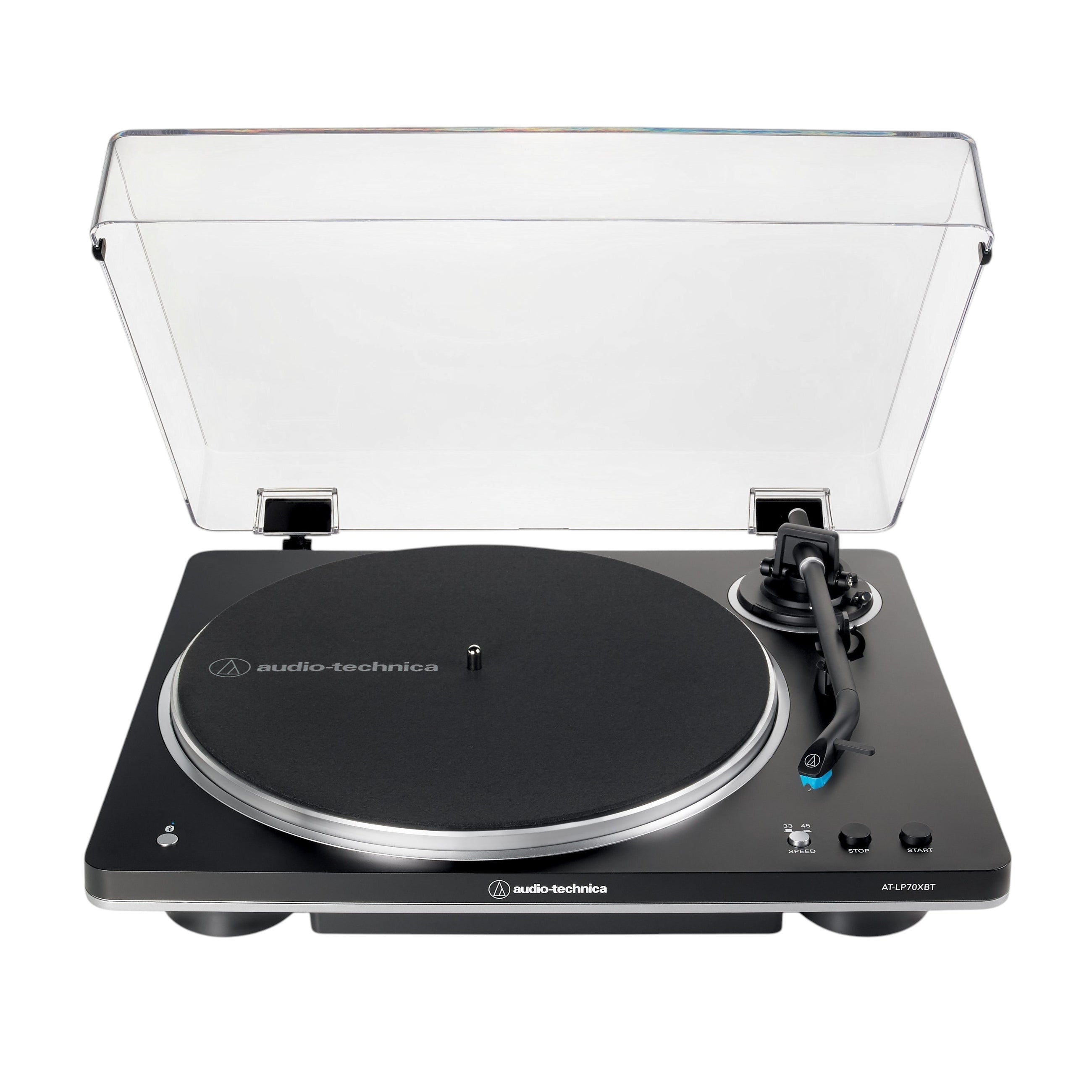 Elite Radio Audio-Technica AT-LP70XBT Bluetooth turntable in bronze, black, and white with automatic belt-drive, J-shaped tonearm, and clear dust cover.