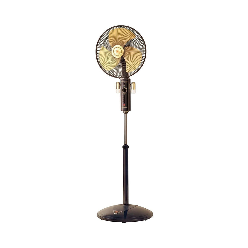 Elite Radio gold 16-inch pedestal fan with metal blades, twin lamps, and timer function.
