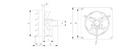Technical line drawing showing side and front profiles of the Elite Radio KDK 40KAQA industrial ventilating fan