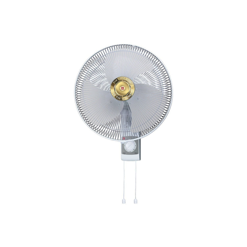 Elite Radio KDK M40C 16-inch oscillating wall fan with metal blade and pull-cord control, grey and gold.