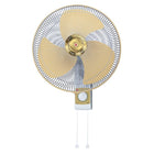 Elite Radio KDK M40C 16-inch oscillating wall fan with gold metal blades and pull cord control.