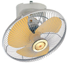 Elite Radio KDK M40R 16-inch ceiling-mounted orbital fan with yellow metal blades and silver grille.