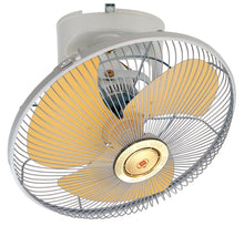 Elite Radio KDK M40R 16-inch ceiling-mounted orbital fan with yellow metal blades and silver grille.