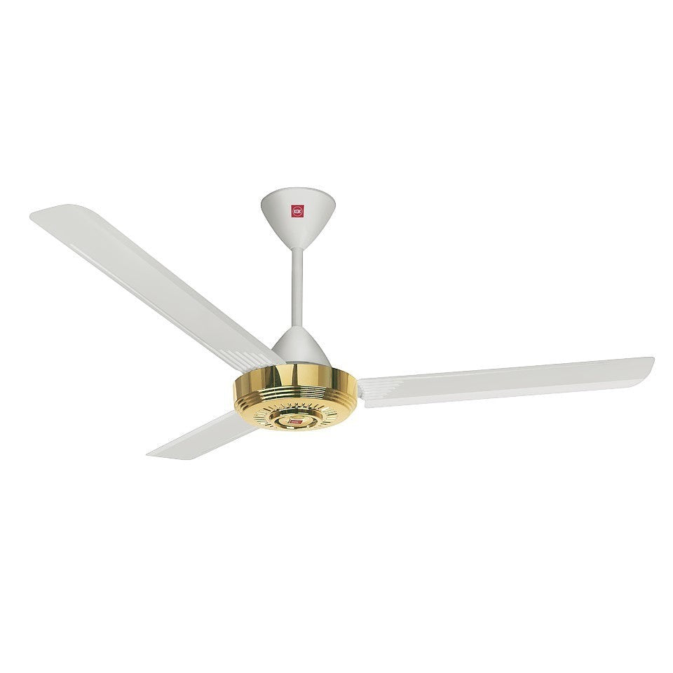 Elite Radio KDK N56YG 56-inch decorative ceiling fan with 3 white blades and polished brass accents.