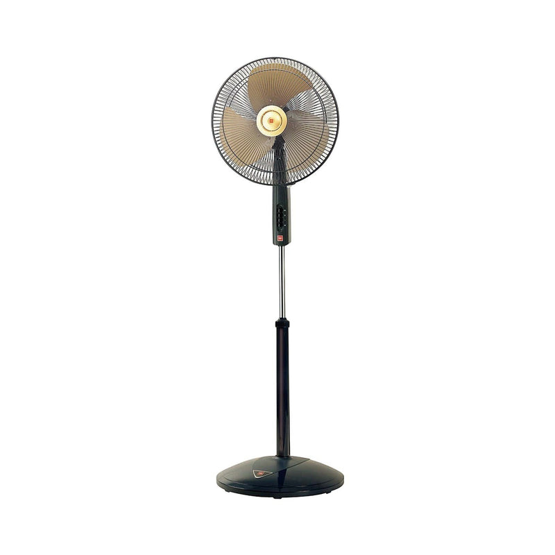 Elite Radio KDK P40U 16-inch pedestal fan with gold metal blade, adjustable height, and 3-speed control.